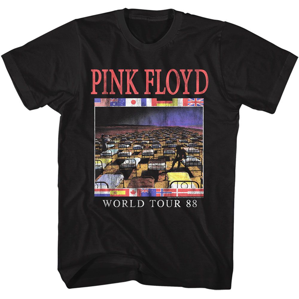 Black Pink Floyd T-shirt featuring the 1988 World Tour design with bed imagery from A Momentary Lapse of Reason and international flags.