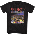 Black Pink Floyd T-shirt featuring the 1988 World Tour design with bed imagery from A Momentary Lapse of Reason and international flags.