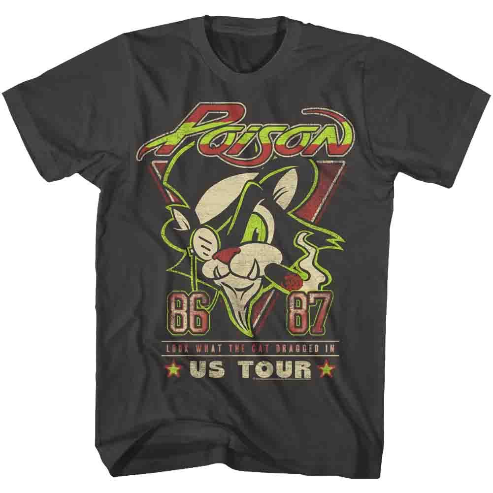 Poison 1986 1987 US Tour T-shirt featuring the Look What the Cat Dragged In cartoon cat graphic