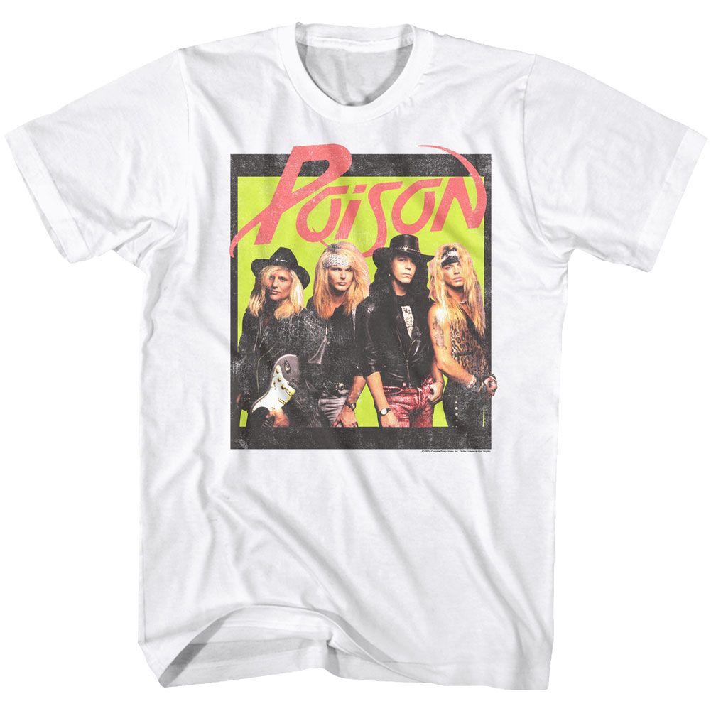 White Poison T-shirt featuring band photo with neon yellow background and retro pink logo from the 1980s glam metal era.