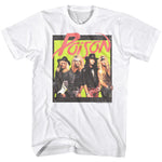 White Poison T-shirt featuring band photo with neon yellow background and retro pink logo from the 1980s glam metal era.