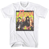White Poison T-shirt featuring band photo with neon yellow background and retro pink logo from the 1980s glam metal era.