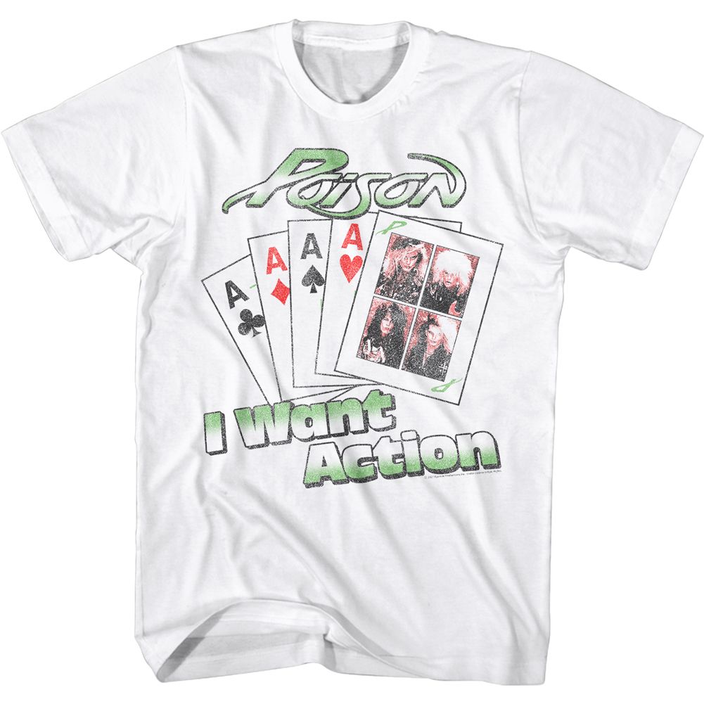 Poison I Want Action T-shirt featuring playing cards and band photo graphics
