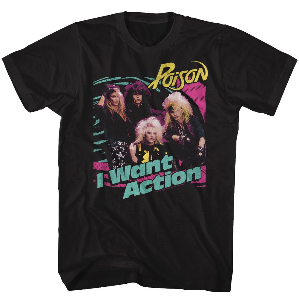 Poison I Want Action T-shirt featuring the band with colorful 80s glam metal graphics