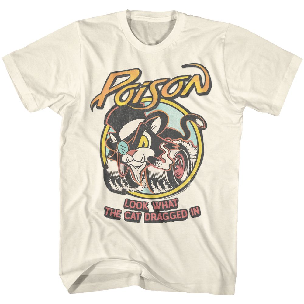 Poison Look What the Cat Dragged In T-shirt featuring cartoon cat hot rod graphic