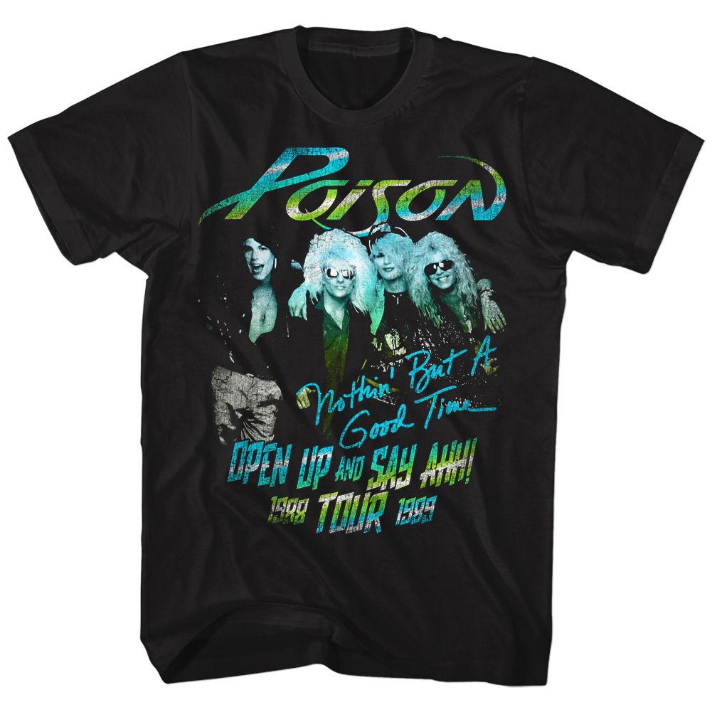 Poison Open Up and Say Ahh 1988 Tour T-shirt featuring the band and neon glam metal lettering