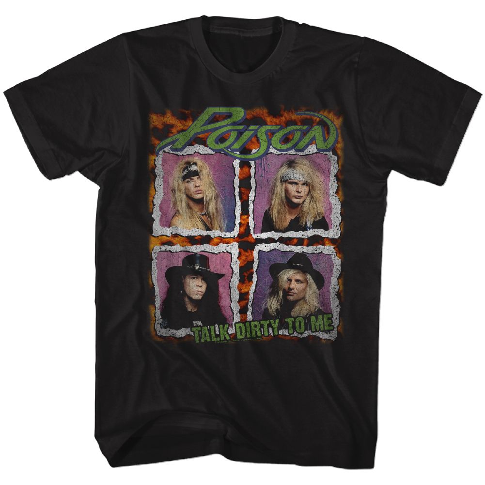 Poison Talk Dirty to Me T-shirt featuring four band member photos in a collage design