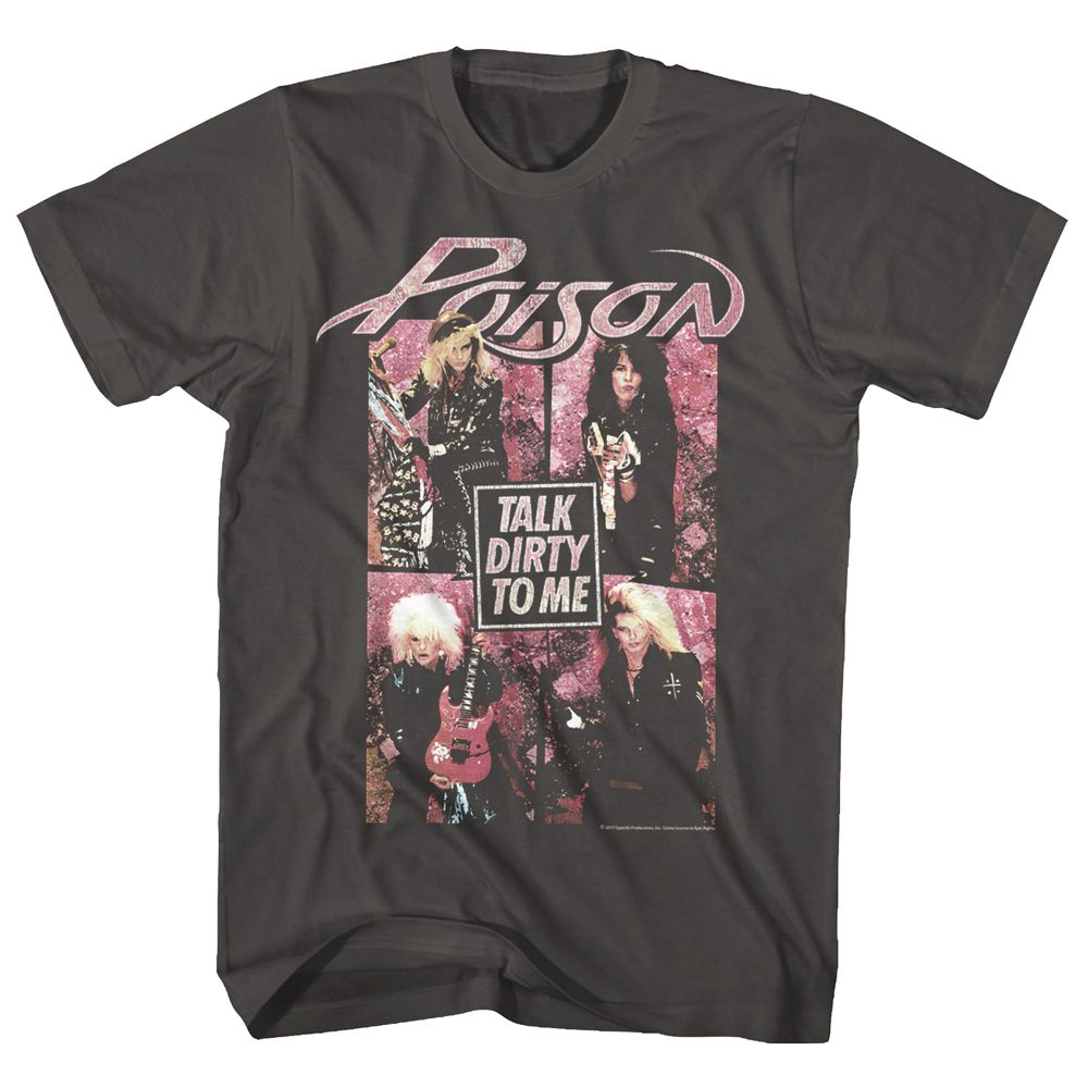 Poison Talk Dirty to Me T-shirt featuring band members in a four-panel collage
