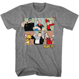 Heather grey T-shirt featuring a colorful six-panel grid of Popeye cartoon characters including Popeye, Bluto, Olive Oyl, Wimpy, Swee’Pea, and Eugene the Jeep with a yellow “Popeye” logo below.