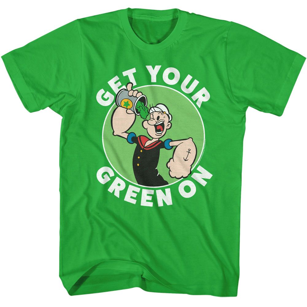 Green Popeye T-shirt featuring Popeye pouring green spinach with “Get Your Green On” text in a circular design