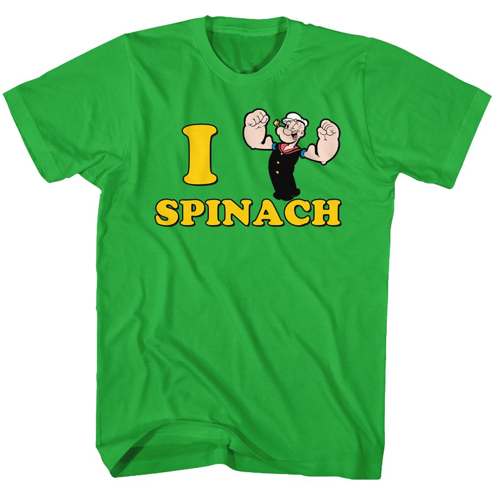 Green Popeye T-shirt featuring “I Spinach” design with Popeye flexing