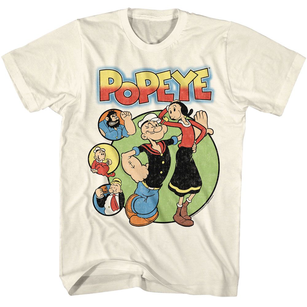 Cream-colored T-shirt featuring Popeye, Olive Oyl, and classic cartoon characters in a vintage comic-style design with the colorful “Popeye” logo above.