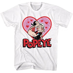White Popeye t-shirt featuring Olive Oyl kissing Popeye inside a pink heart with red hearts above and a bold Popeye logo below.