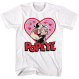 White Popeye t-shirt featuring Olive Oyl kissing Popeye inside a pink heart with red hearts above and a bold Popeye logo below.