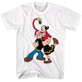 White T-shirt featuring Popeye wearing a Santa hat lifting Olive Oyl as she holds mistletoe above them in a festive holiday cartoon design.