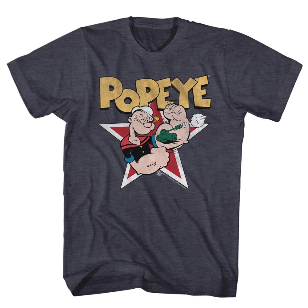Heather navy T-shirt featuring Popeye flexing with a can of spinach in front of a large red-and-white star, with bold gold “POPEYE” text above.