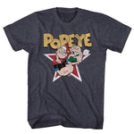 Heather navy T-shirt featuring Popeye flexing with a can of spinach in front of a large red-and-white star, with bold gold “POPEYE” text above.
