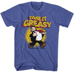 Heather blue T-shirt featuring Wimpy from Popeye walking happily with a hamburger and the bold retro phrase “Take It Greasy” above him.
