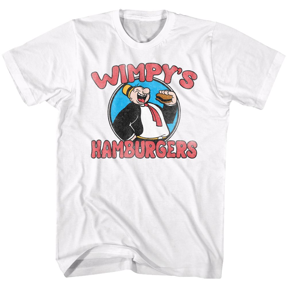 White T-shirt featuring a vintage-style illustration of Wimpy from Popeye holding a hamburger, with the text “Wimpy’s Hamburgers” in bold red lettering.