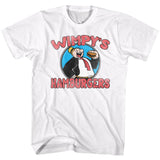 White T-shirt featuring a vintage-style illustration of Wimpy from Popeye holding a hamburger, with the text “Wimpy’s Hamburgers” in bold red lettering.