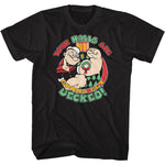 Black T-shirt featuring a festive illustration of Popeye flexing with Christmas trees, a wreath, and the holiday phrase “Your Halls Are Gonna Get Decked!” in red, green, and yellow lettering.