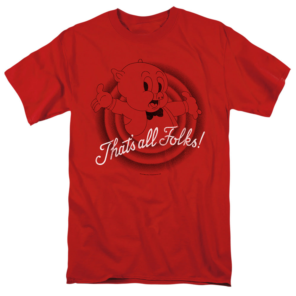 Porky Pig saying “That’s All Folks!” inside the classic Looney Tunes rings on a red T-shirt