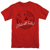 Porky Pig saying “That’s All Folks!” inside the classic Looney Tunes rings on a red T-shirt