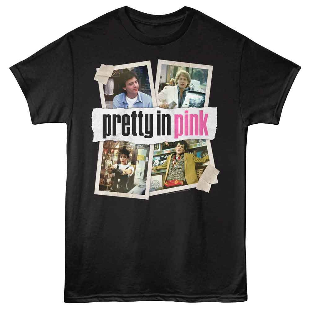 Officially licensed Pretty in Pink t-shirt featuring movie photo collage and classic logo design