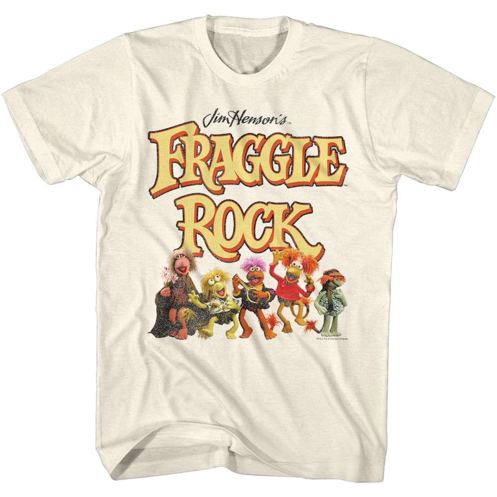 Cream T-shirt featuring the Fraggle Rock logo with the full cast of Fraggle characters standing below it.
