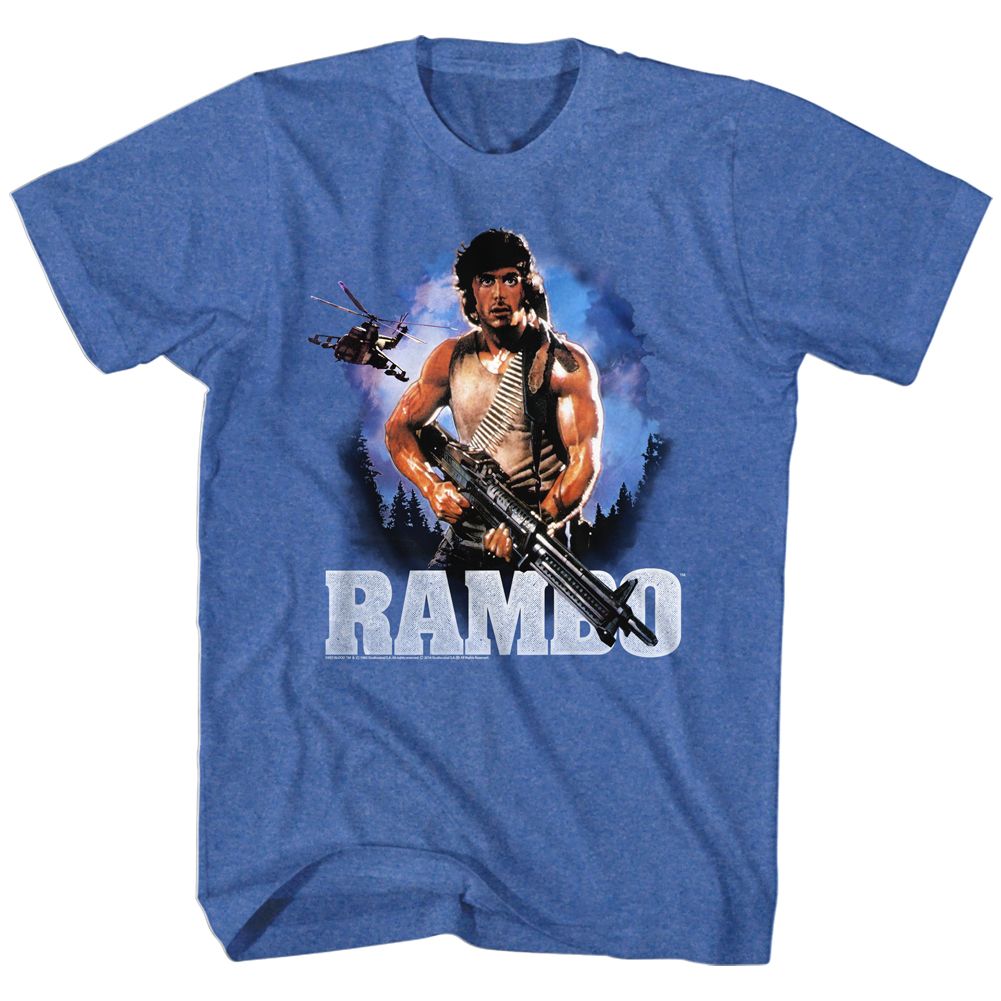 Vintage Rambo First Blood 1982 T-Shirt featuring Sylvester Stallone as John Rambo with a helicopter in the background on a blue heather shirt.