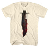 Cream-colored Rambo T-shirt featuring the iconic survival knife graphic with distressed red and black tones, inspired by the 1980s action movie First Blood.