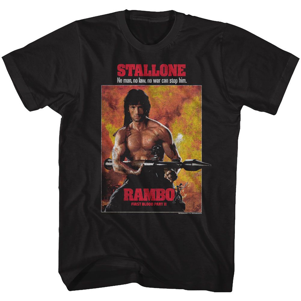 Rambo First Blood Part II T-shirt featuring Sylvester Stallone holding a rocket launcher in classic movie poster artwork