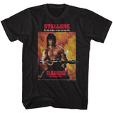 Rambo First Blood Part II T-shirt featuring Sylvester Stallone holding a rocket launcher in classic movie poster artwork