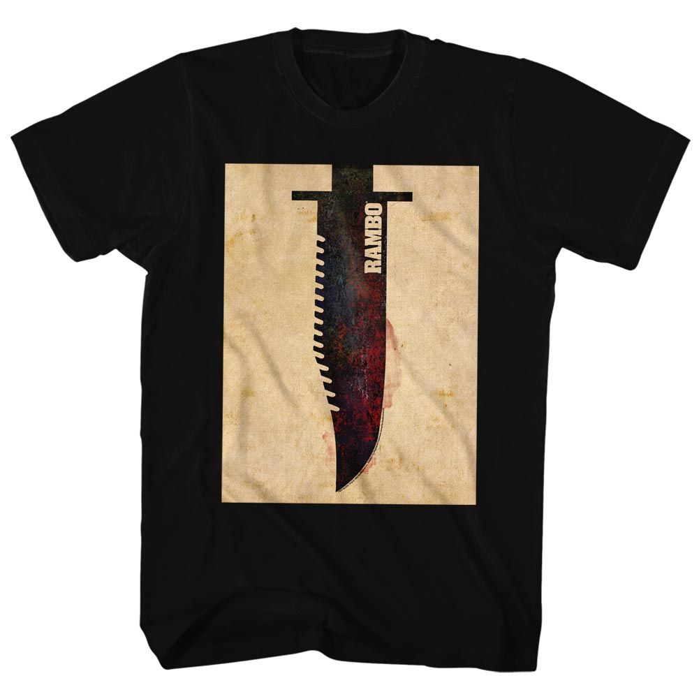 Vintage Rambo T-shirt featuring minimalist design of Rambo’s iconic survival knife with distressed beige background, inspired by the 1980s action movie First Blood.