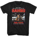 Black Rambo T-shirt featuring Sylvester Stallone as John Rambo holding a rifle with the quote “This time he’s fighting for his life” from First Blood (1982).