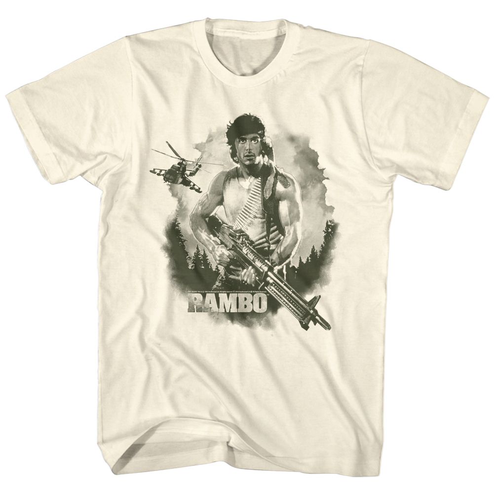 Vintage Rambo First Blood T-Shirt featuring Sylvester Stallone as John Rambo holding a machine gun with a helicopter in the background, retro 1980s action movie shirt.