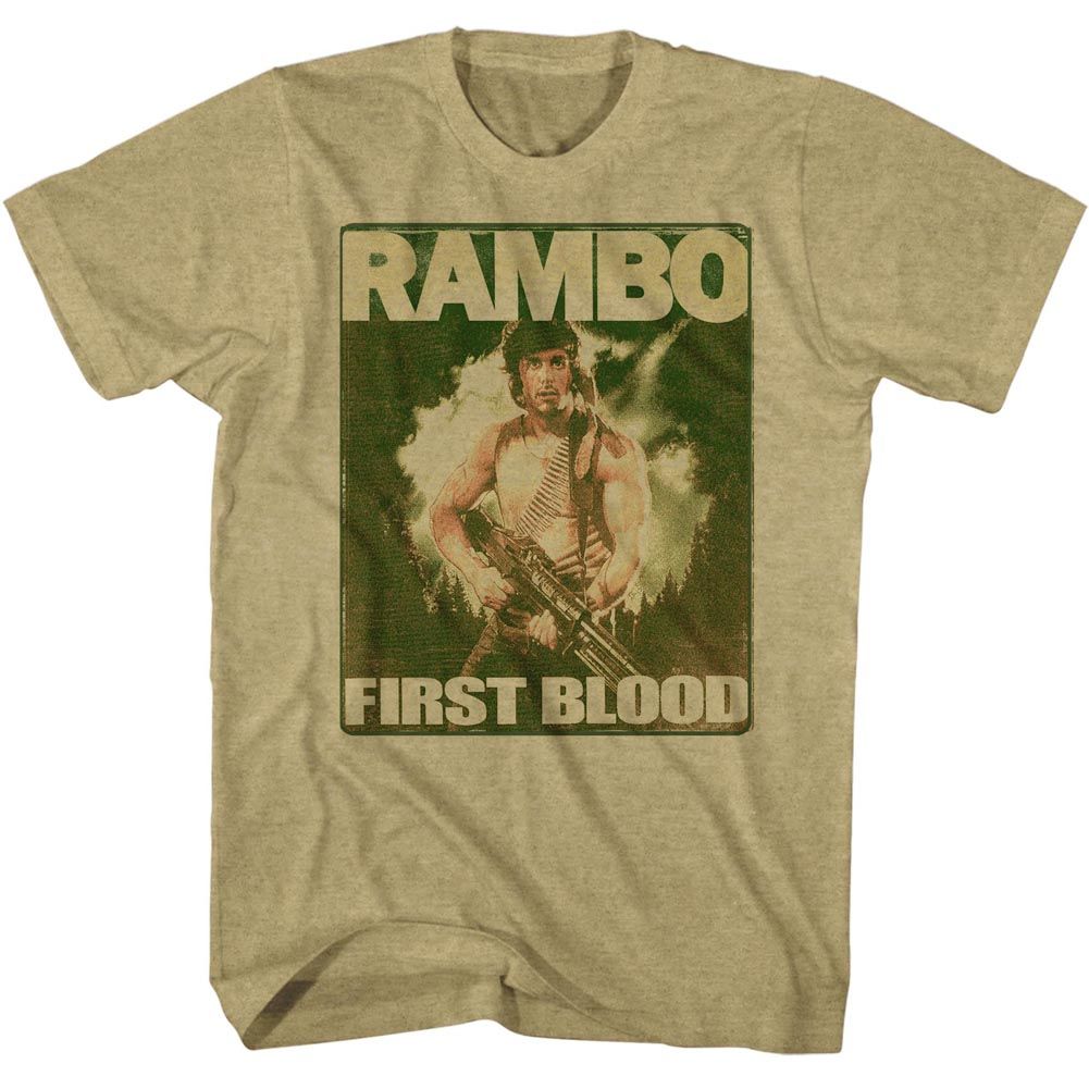 Vintage army green Rambo T-shirt featuring Sylvester Stallone as John Rambo from the 1982 action classic First Blood.