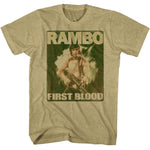 Vintage army green Rambo T-shirt featuring Sylvester Stallone as John Rambo from the 1982 action classic First Blood.