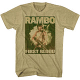 Vintage army green Rambo T-shirt featuring Sylvester Stallone as John Rambo from the 1982 action classic First Blood.