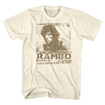 Vintage cream Rambo T-shirt featuring Sylvester Stallone as John Rambo with distressed sepia artwork and the quote “They Drew First Blood.”