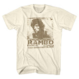 Vintage cream Rambo T-shirt featuring Sylvester Stallone as John Rambo with distressed sepia artwork and the quote “They Drew First Blood.”