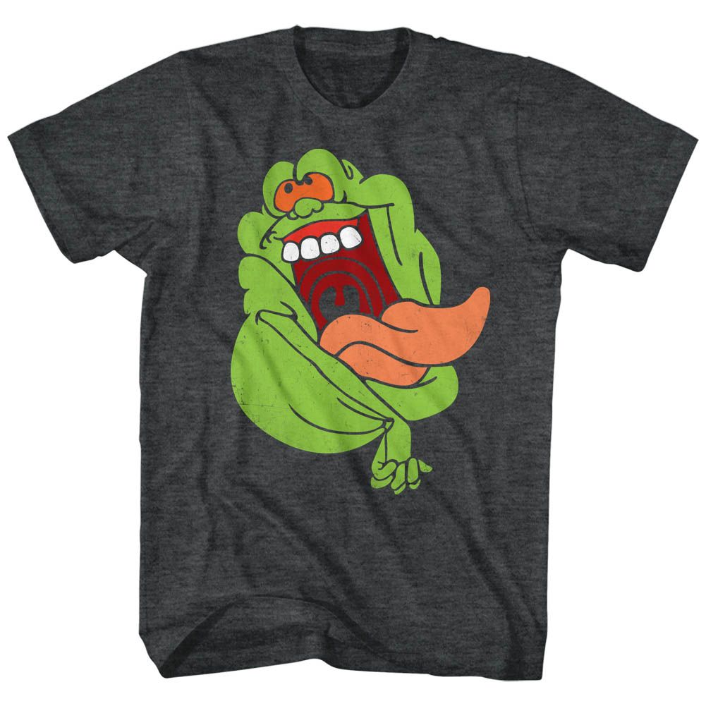 Dark heather gray The Real Ghostbusters T-shirt featuring Slimer with Ghostbusters logo inside his mouth