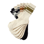 Set of socks with various patterns on a white background