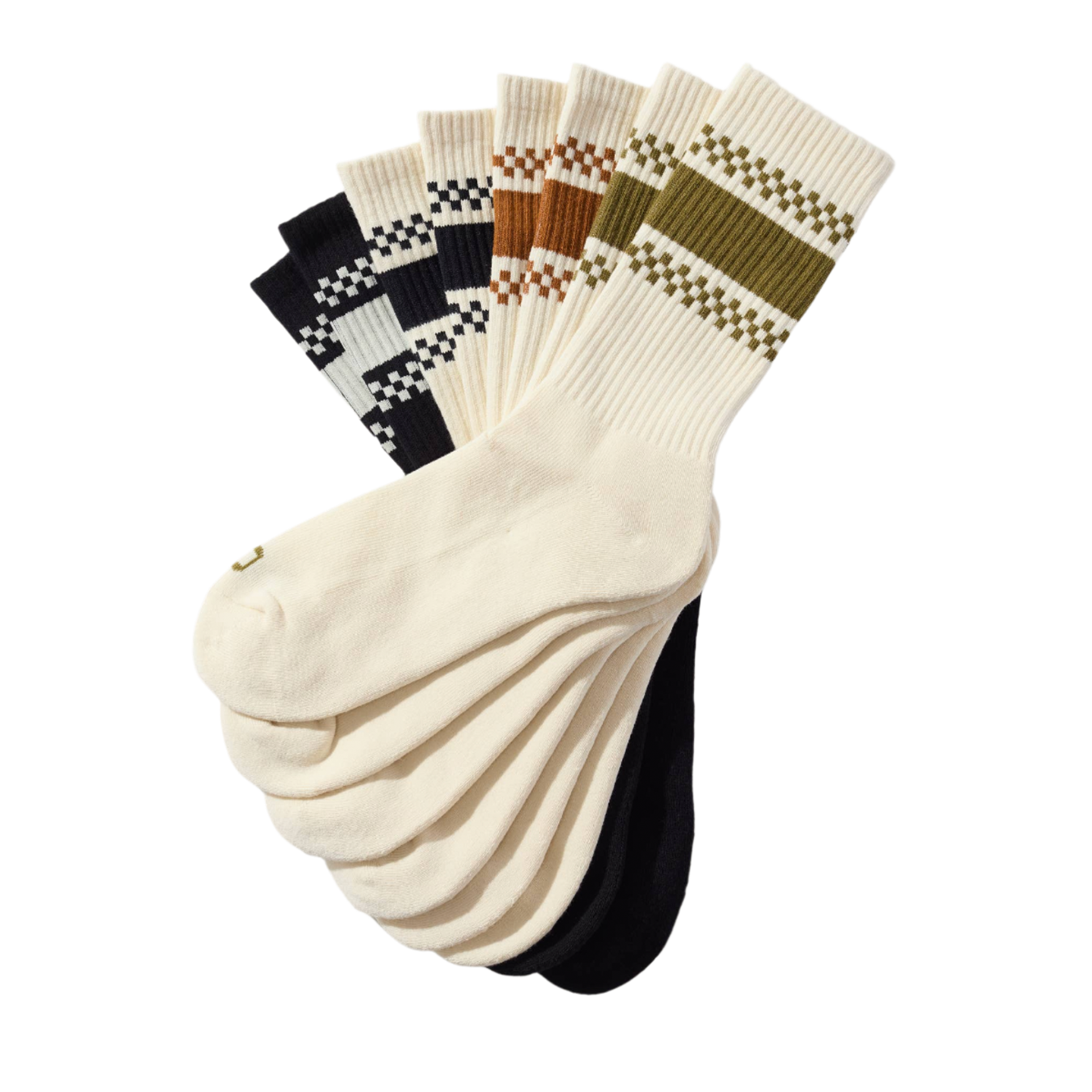 Set of socks with various patterns on a white background