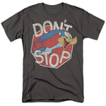 Dark gray Looney Tunes T-shirt featuring the Road Runner bursting through a red stop sign with the phrase “Don’t Stop”