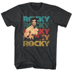 Charcoal T-shirt featuring a vintage image of Rocky Balboa with multicolor “Rocky” text stacked in retro style.