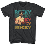Charcoal T-shirt featuring a vintage image of Rocky Balboa with multicolor “Rocky” text stacked in retro style.
