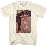 White T-shirt featuring a vintage photo of Rocky Balboa with his dog Butkus from the original Rocky movie.