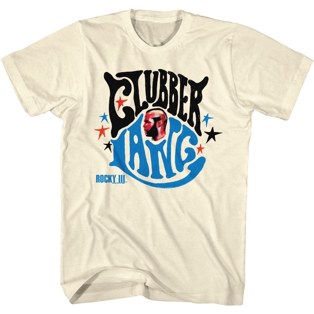 Rocky III T-shirt featuring a retro Clubber Lang graphic with colorful stars and vintage typography