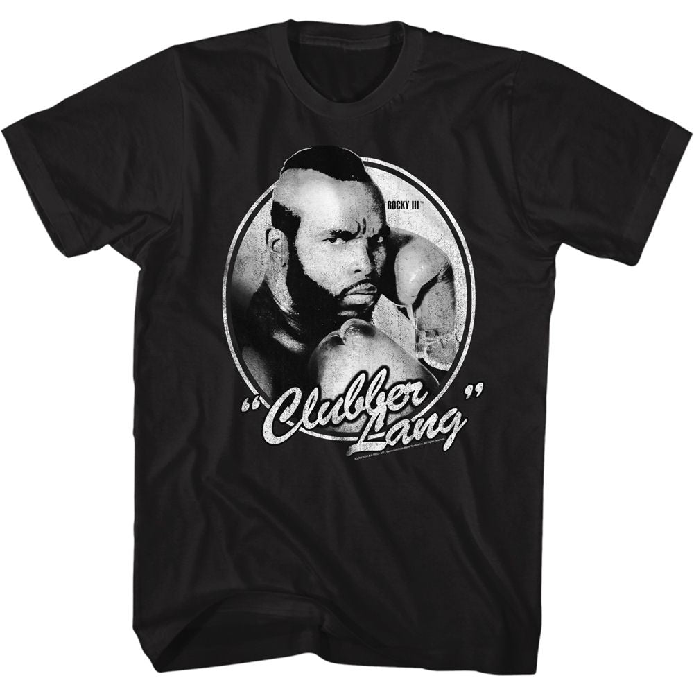 Rocky III T-shirt featuring a vintage black-and-white portrait of Clubber Lang in boxing gloves